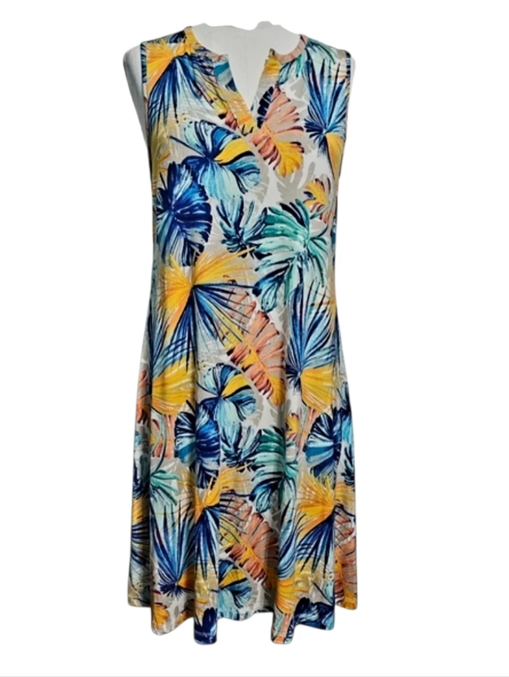 Chico's Rayon Tropical Print Sleeveless Knee Length Dress Summer Vacation Sz 0
